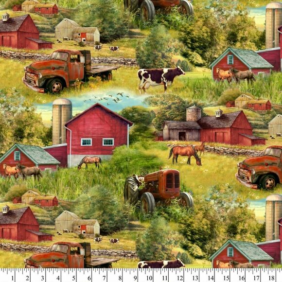 David Textiles Country Farm Red Barn Animals Cotton 1-Yard Precut Sewing Fabric - Picture 1 of 2